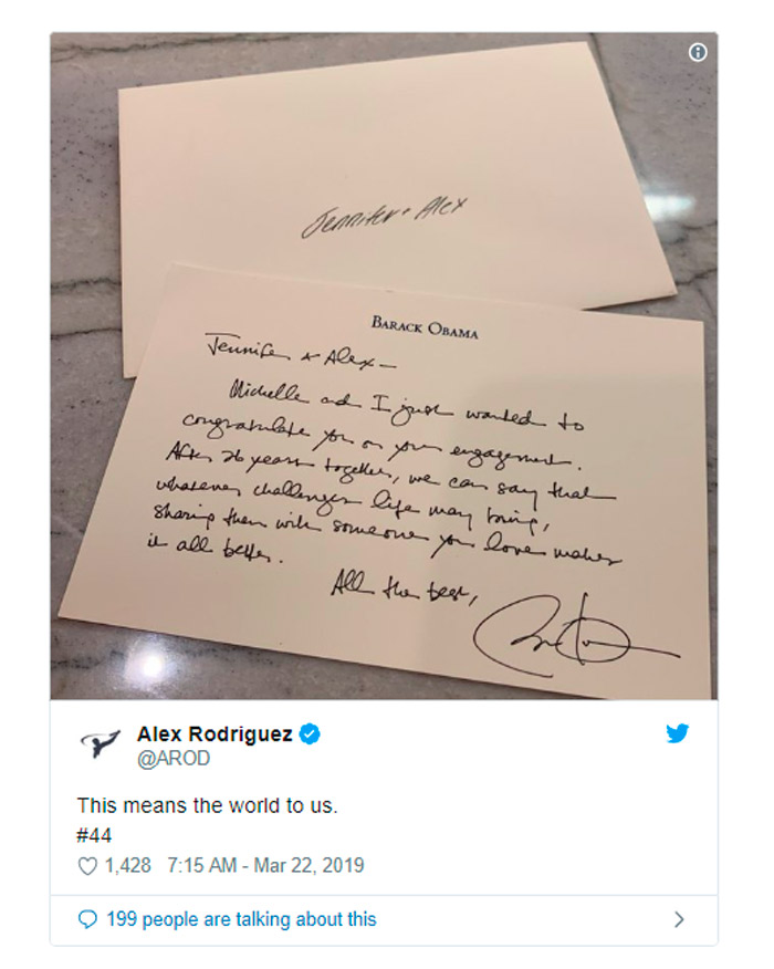 Barack Obama felicita a Jennifer López y Álex Rodriguez 